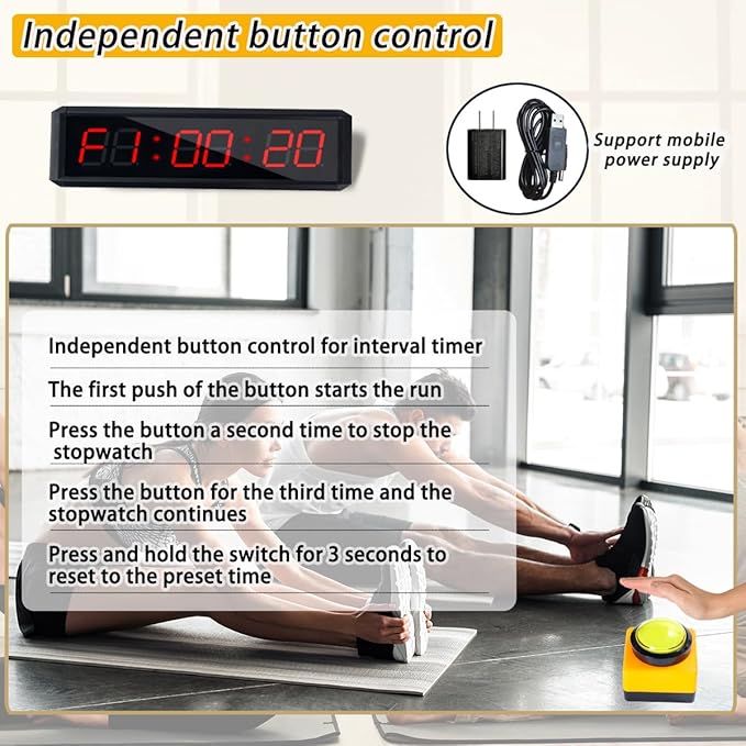 Independent Button Type 1.5-inch Fitness Room Rest Timer, Suitable for Gym Exercise/School/Home Exercise/Boxing Gym/Indoor Rock Climbing (1.5 inch 6-Digit red)