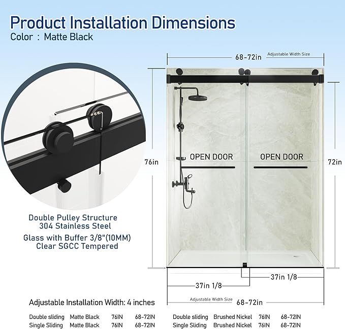 68-72" W x 76" H Shower Door,Frameless Shower Door,Double Sliding Glass Shower Door with 3/8" (10mm) Clear SGCC Tempered Glass, Roller Disc System (Matte Black, 72" Wx76 H-Double Sliding)