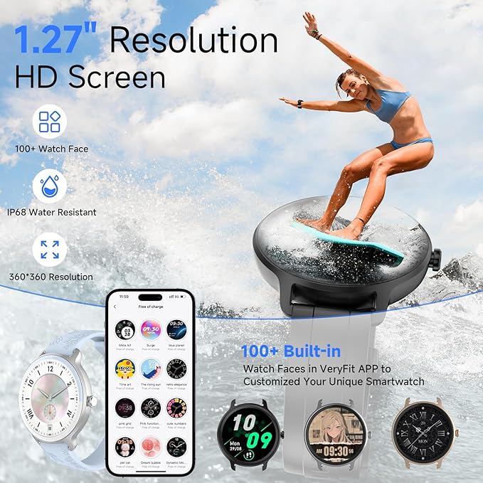 Smart Watches for Women Men 1.27" HD Fitness Tracker with Heart Rate/Sleep/Step/SpO2 Monitor, IP68 Waterproof Watch for Android iOS (Blue)