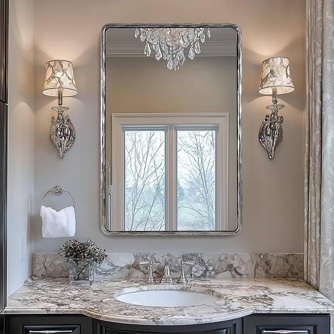 ANDY STAR Hand-Forged Silver Bathroom Mirror for Wall, 24x36 Inch Vintage Solid Steel Metal Frame Bathroom Vanity Mirror, Antique Rounded Rectangle Wall Mirror, Hangs Horizontally or Vertically