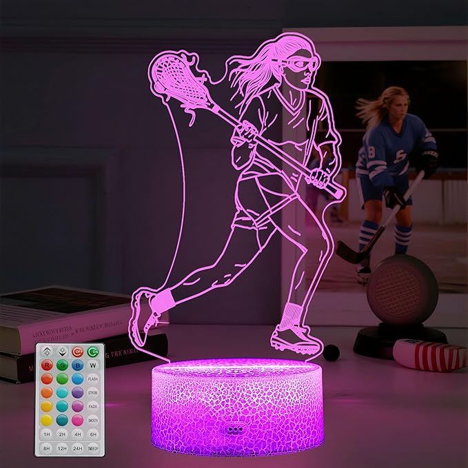 Lacrosse Gifts for Girls, 3D Night Light Lamp with Remote Control, 16 Colors Changing, Timer and Dimmable, Room Decor for Lacrosse Women, Mom, for Birthday Holiday Christmas