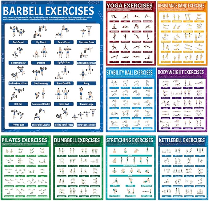 9Pcs Exercise Poster Set Workout Chart Posters Dumbbell Kettlebell Yoga Stretching Pilates Resistance Bands Stability Ball Body Weight Dumbbell Physical Educational Fitness Decoration for Home Gym