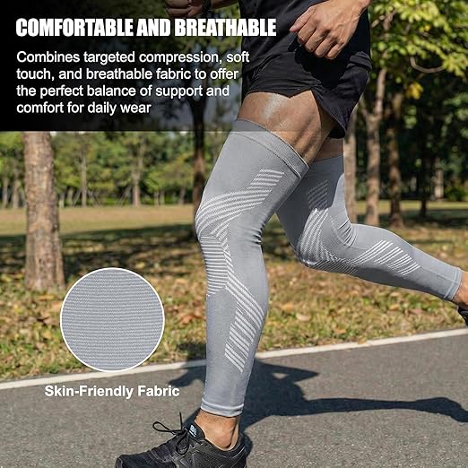 NuCamper Full Leg Compression Sleeves for Men and Women,2 Pack Legs Sleeves Long Knee Brace Support for Running, Basketball, Cycling, Workout, Sports - Gray,L
