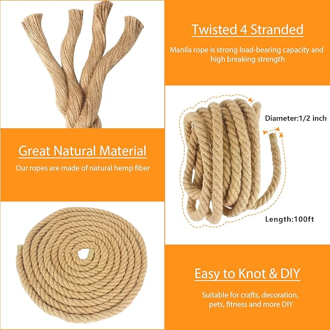 1/2" X 100' Treated Manila Rope Boat Docks Tree Farm Dock Deck