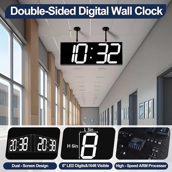 CHKOSDA 19" Double Sided Digital Wall Clock Large, Remote Controlled LED Dual Face Clock with White Digits, Auto-Dimming, Heat-Resistant Frame for Hospital, Office, School, AC Powered.