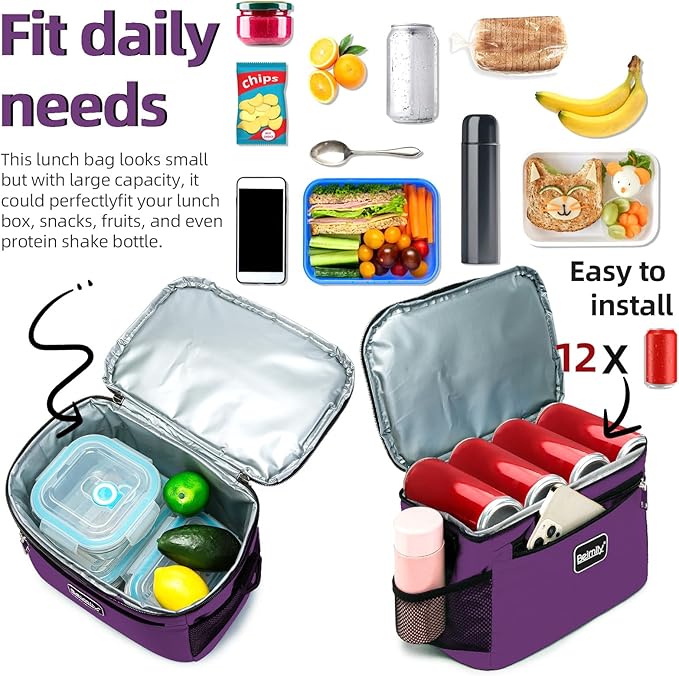 BEIMILY Lunch Box for Men/Women,Small Insulated Lunch Bag,Reusable LunchBox for work Picnic Beach,Leakproof Soft Cooler Tote Bag Organizer with Adjustable Shoulder Strap for Adults(Dark Purple)