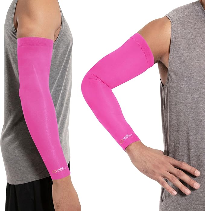 Copper Compression Arm Sleeve - Copper Infused Full Arm Brace for Forearm, Bicep, Triceps - Tennis Elbow, Basketball, Golf, Arthritis, Tendonitis, Bursitis, Post Surgery Rehab - Odor Resistant - Pink - XL