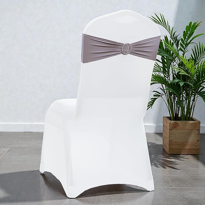 VDS - Silver Grey | Spandex Chair Sashes Bows | 200 PCS | Stretch Elastic Banquet Universal Folding Chair Band Tie with Silver Buckle Slider for Wedding Party Conference Celebration Event Decoration
