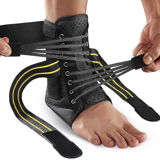 AGPTEK Ankle Brace for Women Men, Adjustable Lace-Up Ankle Support with Removable Splints for Sprained Ankle, Injury Recovery, Ankle Stabilizer Wrap for Basketball Volleyball Sports, Yellow, S