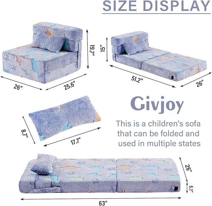 Folding Sofa Bed Floor Mattress for Kids With Pillow - Toddler Glow Washable Nap Mat for Sleeping, Child Fold Up Futon Chair Bed With Storage Bag for Girls Boys