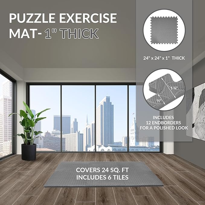 Fitvids Puzzle Exercise Gym Flooring Mat, 1" Thick High-Density EVA Interlocking Tiles Workout Mat for Home Gym, Fitness Equipment, MMA, Gymnastics, 6-Piece Shock-Absorbing Exercise Mat (24 Sq Ft)
