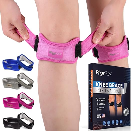 PhysFlex 2 Pack Patella Knee Brace - Knee Support and Pain Relief, Running, Hiking, Basketball, Jumpers Knee, Tendonitis, Adjustable Strap Patellar Tendon Stabilizer (Pink)