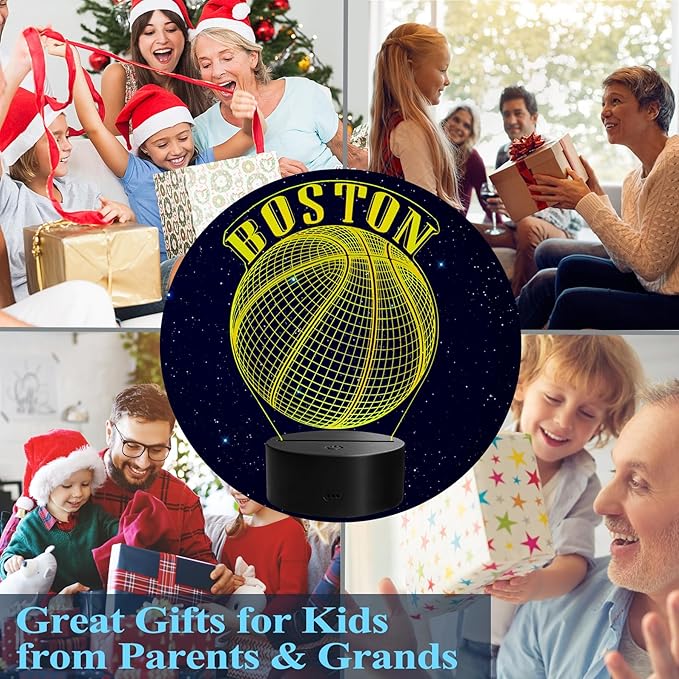 Basketball Night Light, Boston Gifts for Boy, 3D Illusion Lamp with Remote Control, 16 Colors Changing, RGB Flashing Mode and Dimmable, Gifts for Boys Christmas Decor (Boston)