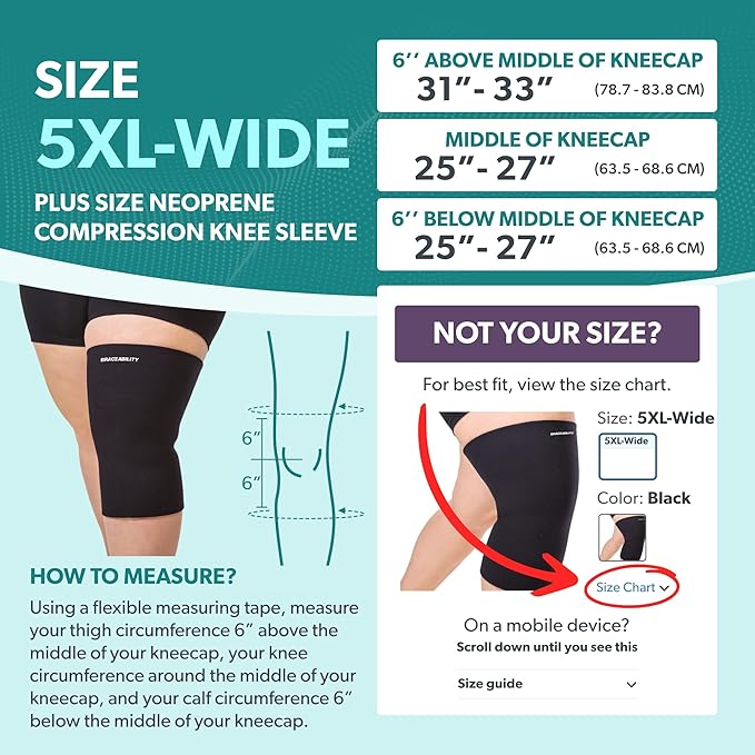 BraceAbility Plus Size Neoprene Knee Sleeve - Bariatric Knee Compression Sleeve for Large Legs and Big Thighs, Arthritis Joint Pain Support Knee Brace for Obese - Fits Men and Women (5XL Wide Calf)