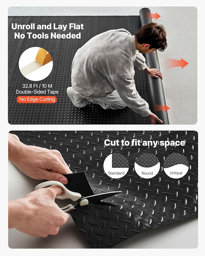 VEVOR Garage Floor Roll, 7.5 x 17 ft Garage Flooring Mat, 2.2 mm Thickened PVC Diamond Plate Floor Protector Mat with Double-Sided Tape, Non-Slip, Easy to Clean for Warehouse, Gyms, Trailer, Black