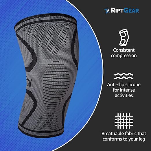 RiptGear Knee Compression Sleeve - Braces for Knee Pain - Compression for Arthritis, Meniscus Tear, Running, Walking - Support for Women and Men - Sleeves Weightlifting (Large, Gray (1 Pack))
