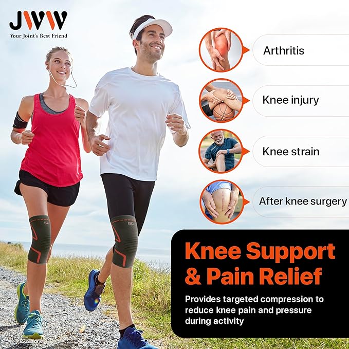 JWW Plus Size Knee Compression Sleeve for Big Thighs, 2 Pack Knee Brace for Men & Women Knee Pain Relief, Workout Sports Knee Support, Knee Braces for Meniscus, ACL & Arthritis Recovery (Orange, 2XL)