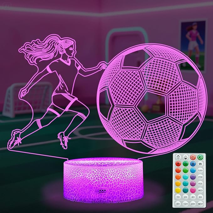 Soccer Night Light, Soccer Gifts for Girls, 3D Illusion Lamp with Remote, Timer, 16 Colors Changing, RGB Flashing Mode and Dimmable, Gifts for Girls Christmas Holiday