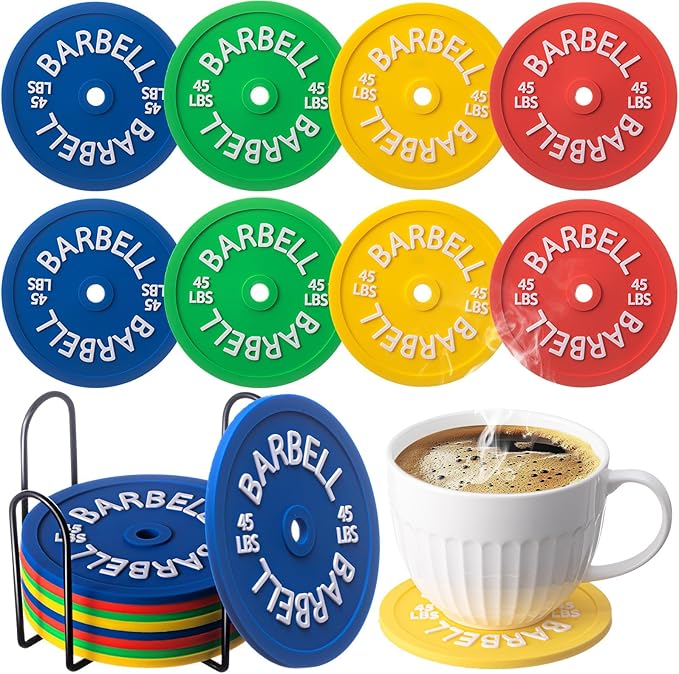 Blushtier 8 Pcs Barbell Bumper Plate Cool Coasters Round Silicone Coasters Weight Plate Coaster with Rack Holder for Gym Lovers Gym Accessories(Colorful)