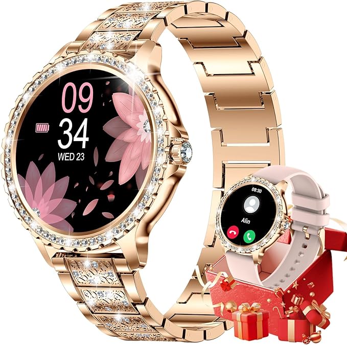 Smart Watch for Women Diamond, Bluetooth Calls, 1.32-inch HD Screen Round Fitness Tracker with Menstrual Cycle/Sleep/Heart Rate Monitor, 100+ Sports Mode, Android/iOS Phone, Rose Pink
