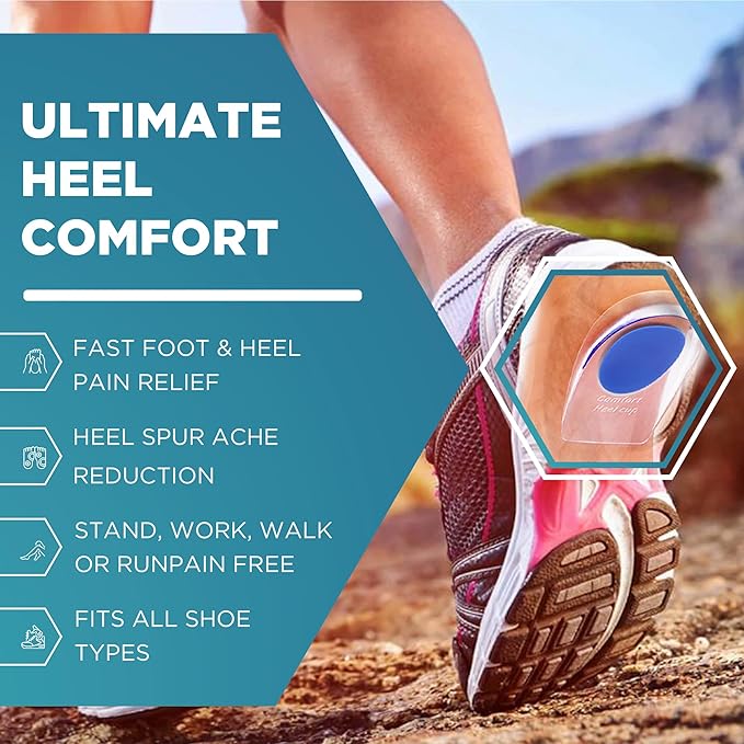 Heel Cups for Achilles Tendonitis & Plantar Fasciitis - 2 Pack Gel Shoe Inserts for Heel Pain Relief, Arch Support, for Women & Men