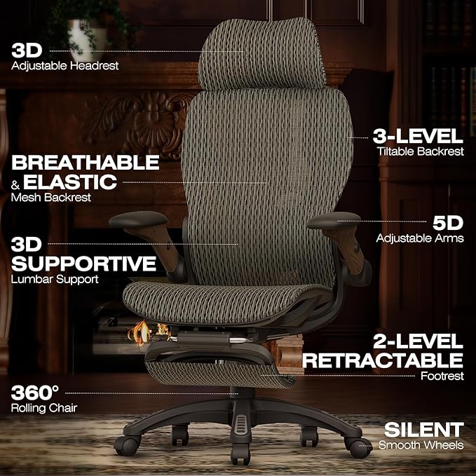 ELABEST X100 Ergonomic Office Chair with Footrest, Big and Tall Home Desk Chair with 5D Flip-Up Arms, Adjustable 3D Lumbar Support,High Back Rolling Computer Chair, Swivel Mesh Chairs (Coffee Break)