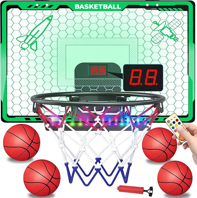 Awsoo Indoor Basketball Hoop for Kids, Mini Basketball Hoop with Electronic Scoreboard & LED, Over The Door Basketball Hoop with 4 Balls, Slam Dunk Basketball Toy for Boys Girls Age 3-12 (Green)