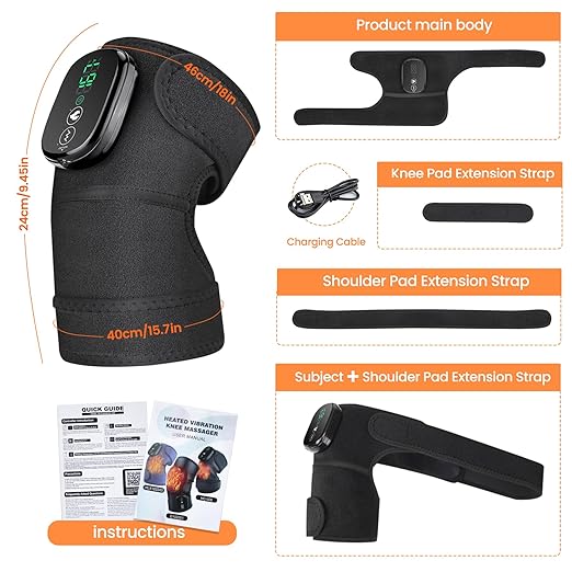 Heated Knee Massager Vibration Cordless Knee Brace， 3-in-1 Heating Pad for Elbow Shoulder， 3 Heat Levels and 3 Massage Heads Knee Brace Wrap Gifts for Mom Dad