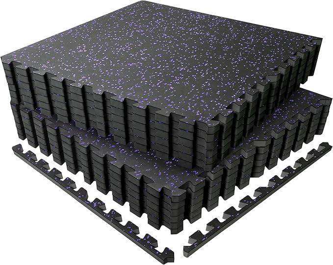 SUPERJARE 0.56'' Thick 12 Pcs 48 Sq Ft Rubber Top Exercise Equipment Mats, High Density EVA Foam Mats with Rubber Top, Interlocking Gym Flooring for Home Gym, Protective Workout Mat, Black/Purple