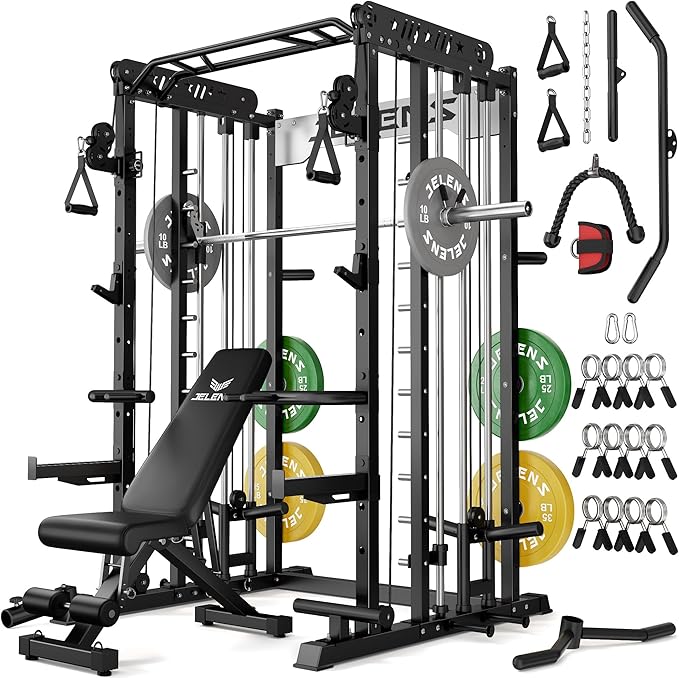 JELENS Smith Machine for Home Gym, Multi-Function M12 Power Cage with Cable Crossover System, Squat Rack with Smith Bar and More Attachment