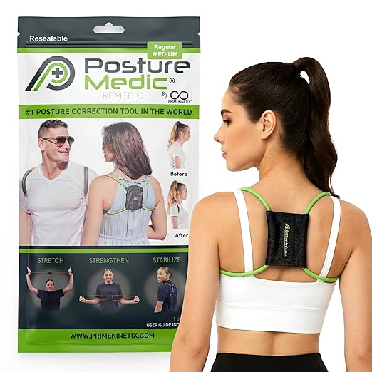 PRIMEKINETIX PostureMedic Posture Corrector for Men & Women - Back Brace for Hunchback Kyphosis Tech Neck - Dynamic Resistance Training Strengthens Back Muscles - Doctor Recommended - Green - Medium