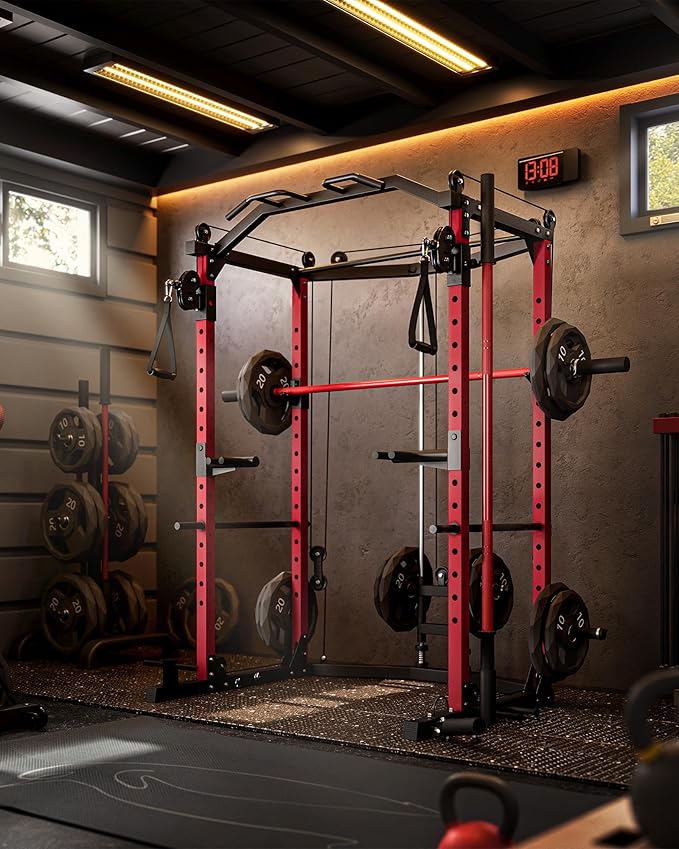 GarveeLife Power Cage, Multi-Functional Power Racks for Home Gym with Cable Crossover System, 1600 LBS Weight Capacity Fitness Squat Rack for Strength Workout with More Training Attachment, Red