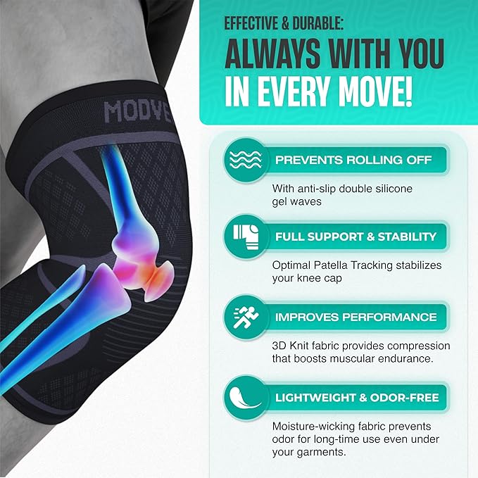 Modvel 2 Pack Knee Brace for Women & Men - Workout Knees Compression Sleeve for Knee Pain Relief Joint Support for ACL, Arthritis, Meniscus Tear Knees Brace for Sports, Rodilleras para Gym Fitness