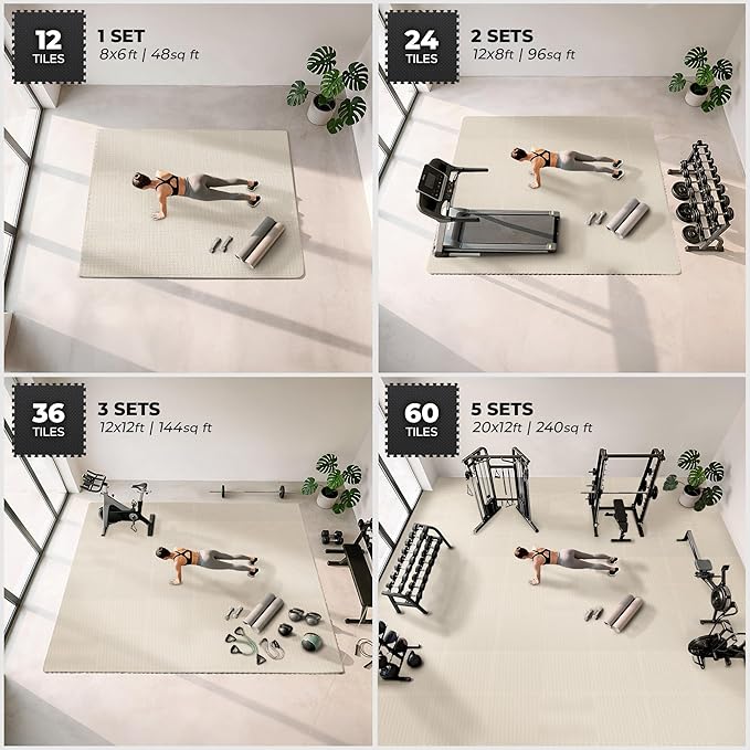 bemaxx Gym Mats Set - 12 pcs EVA Interlocking Foam Floor Tiles (24.4"x24.4"x0.4") 48 sqft Protective Gym Flooring Sports Home Workout Exercise Mats Puzzle Garage Fitness Play-Room Pool Treadmill Bike