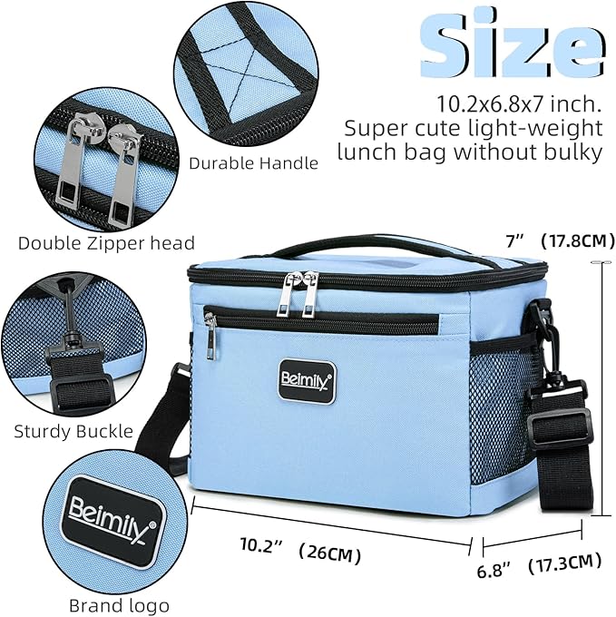 BEIMILY Lunch Box for Men/Women,Small Insulated Lunch Bag,Reusable LunchBox for work Picnic Hiking Beach,Leakproof Soft Cooler Tote Bag Organizer with Adjustable Shoulder Strap for Adults (Sky Blue)