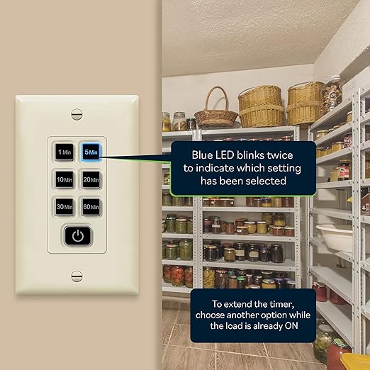 TOPGREENER 1-Hour Countdown Timer Switch, 1-5-10-20-30-60 Min, for Fans and Lights, LED Indicator, 120VAC 60Hz, 1/2HP, 150W LED, Neutral Wire Required, UL Listed, TGT06-1H-RT-LA, Light Almond