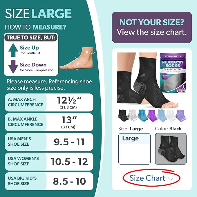BraceAbility Neuropathy Socks (Pair) - Peripheral Neuritis Compression Diabetic Toeless Foot Sleeves for Nerve Damage Pain in Feet, Ankle Gout, Plantar Fasciitis Relief Brace for Men and Women (L - Black)