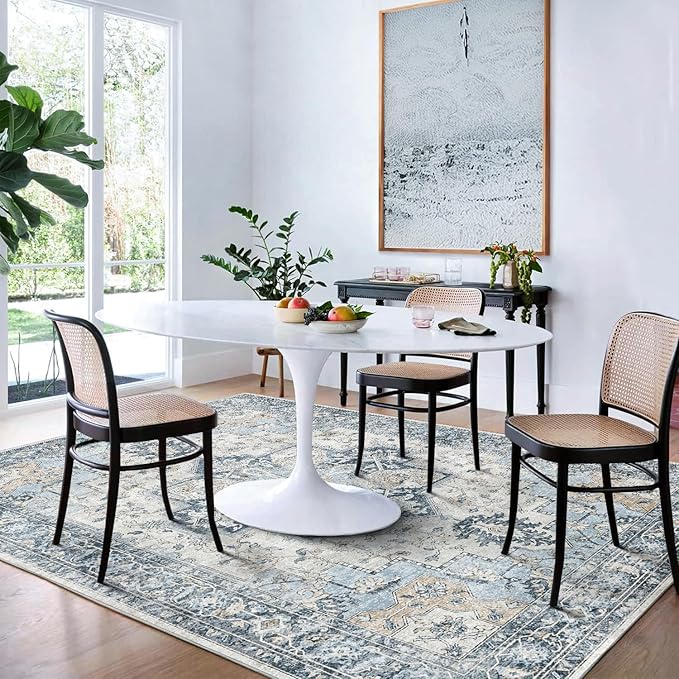 GENIMO 7'6''x9'6'' Area Rugs for Living Room, Machine Washable Non Slip Vintage Rugs, Low Pile Lightweight Chenille Print Rug for Bedroom, Dining Room, Home Office, Blue