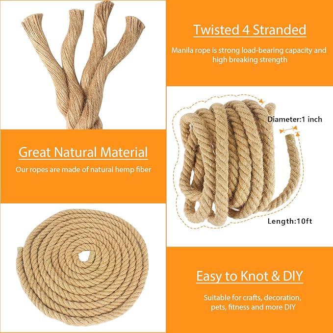 DEDU Hemp Rope 1 Inch X 10 Ft, Natural Manila Rope Twisted 4 Strand, Thick for Crafts Heavy Duty Multipurpose for Swing Bed, Camping, Tug of War, Docks, DIY Projects.