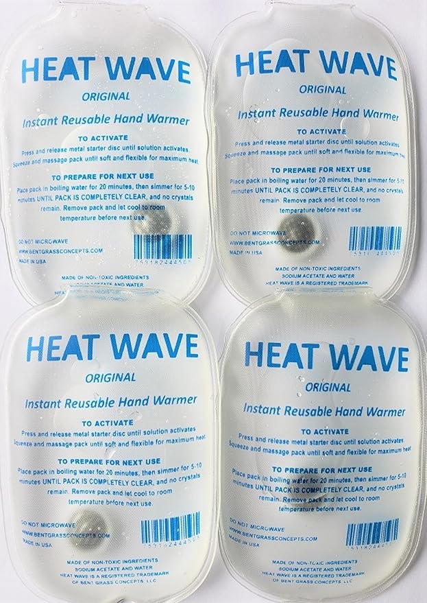 Heat Wave Instant Reusable Heat Packs Small 4-Pack Clear: Instant Reusable Hand Warmers for Camping, Hiking, and Pain Relief (3” x 5”), Click Heat Safe, Non-Toxic and Made in USA