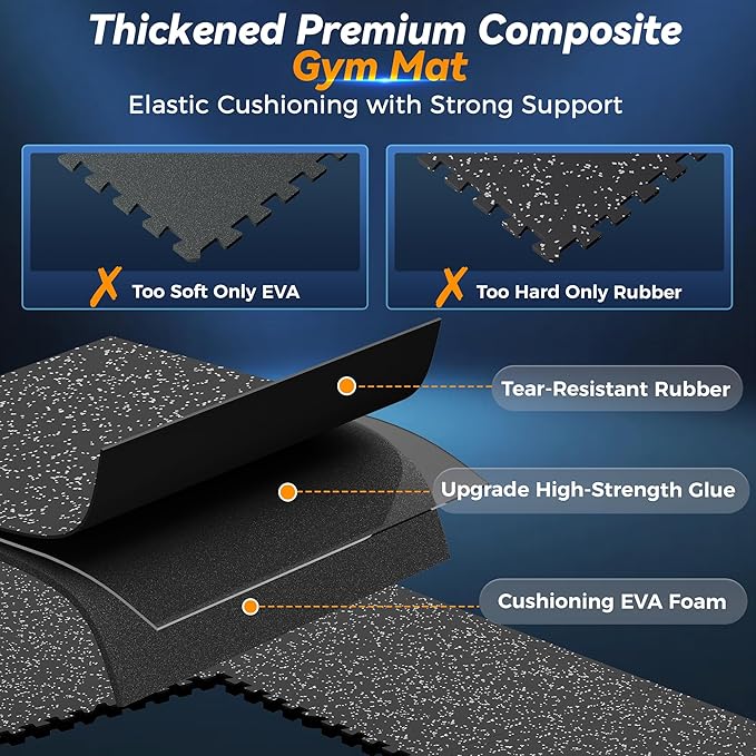 SUPERJARE 1" Extra-Thick Rubber Top Exercise Mat, Puzzle Gym Flooring for Home Gym, Gym Mat for Workout Equipment, Interlocking Floor Tiles with EVA Foam, 6 Pcs 24 Sq Ft, Black/Grey