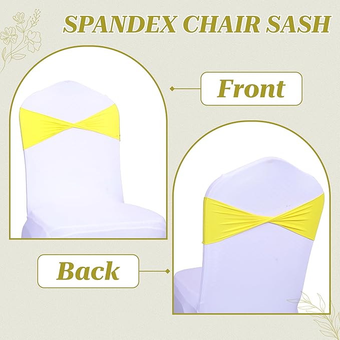 VDS Pack of 125 PCS | Yellow | Spandex Chair Sashes Bows Without Buckle | Stretch Elastic Banquet Universal Folding Chair Band Tie with for Wedding Party Conference Celebration Event Decoration