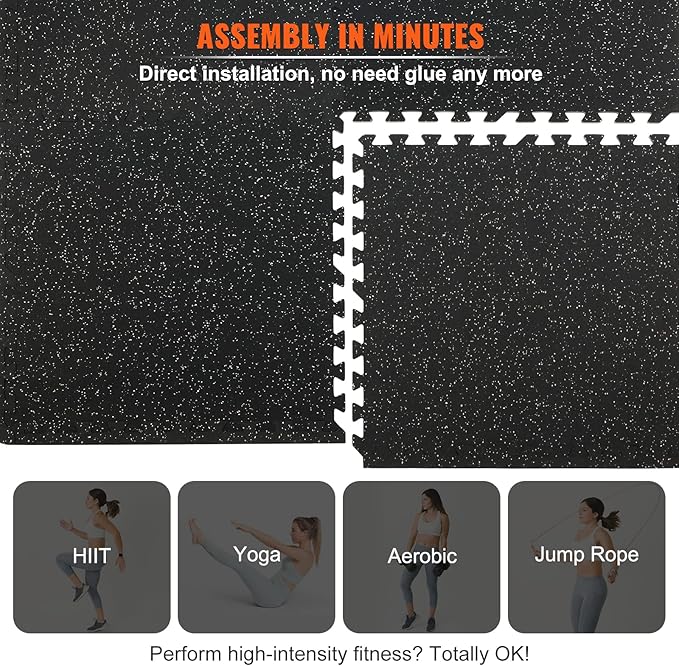 VEVOR 0.56Inch 100sq.ft Exercise Equipment Mats, 25 Tiles Upgraded Rubber Top with High Density EVA Foam, Interlocking Gym Flooring for Home Gym, 25 x 25In Gym Mats, Puzzle Workout Mats, Black & Gray