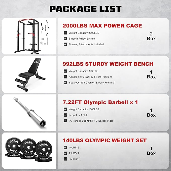 JELENS S11 Power Cage, 2000LB Multi-Function Power Rack with LAT Pulldown, Squat Rack with Adjustable Pulley System and Training Attachments, Weight Rack for Home Gym