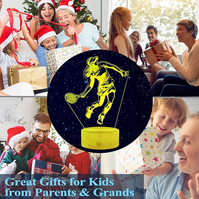 Tennis Night Light, Tennis Gifts for Girls, 3D Illusion Lamp with Remote Control, 16 Colors Changing, RGB Flashing Mode, Timer and Dimmable, Christmas Decor