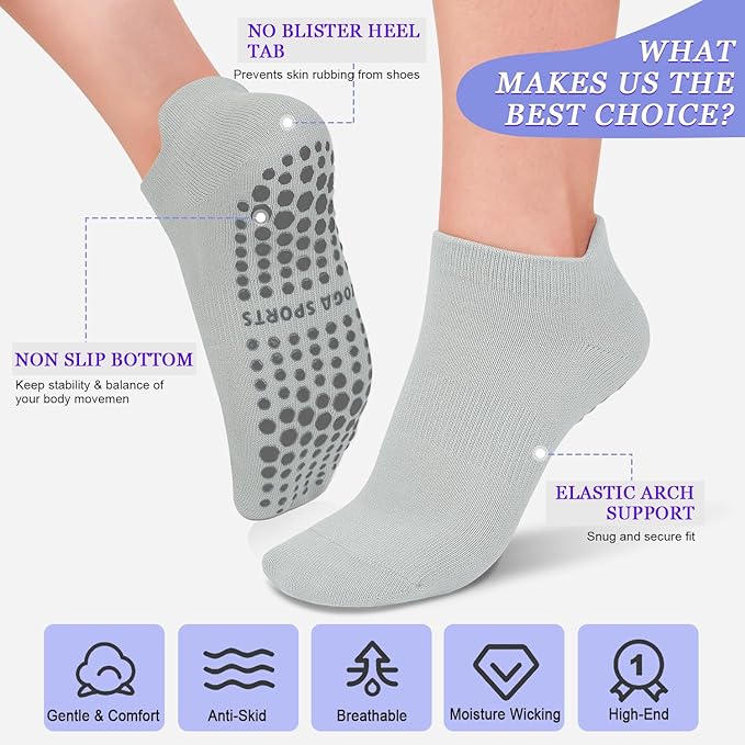 yeuG Pilates Socks for Women Non Slip Grip Socks for Yoga, Barre, Hospital, Barefoot Grippy Yoga Sock Womens Gifts 4 Pairs