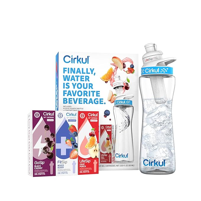 Cirkul 22oz. BPA-Free Plastic Water Bottle Starter Kit with Blue Lid, 3 Flavor Cartridges (1 LifeSip Fruit Punch, 1 FitSip Mixed Berry, 1 GoSip Black Cherry) Zero Calories and No Sugar