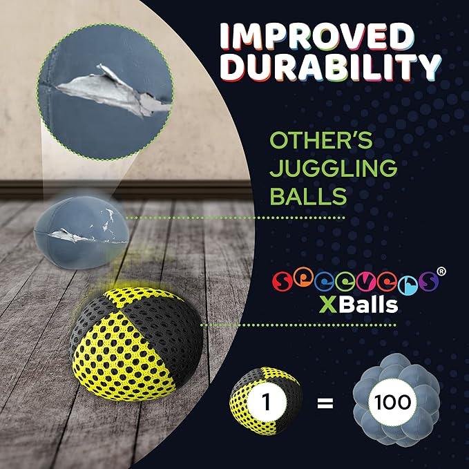 speevers Juggling Balls for Beginners and Professionals Set of 3, 14 Colors Available, 2 Layers of Net and Carry Case, Xballs Juggling Balls (Black - Yellow, 3.2 oz)