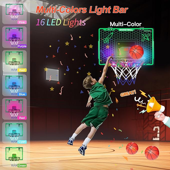 Awsoo Indoor Basketball Hoop for Kids, Mini Basketball Hoop with Electronic Scoreboard & LED, Over The Door Basketball Hoop with 4 Balls, Slam Dunk Basketball Toy for Boys Girls Age 3-12 (Green)