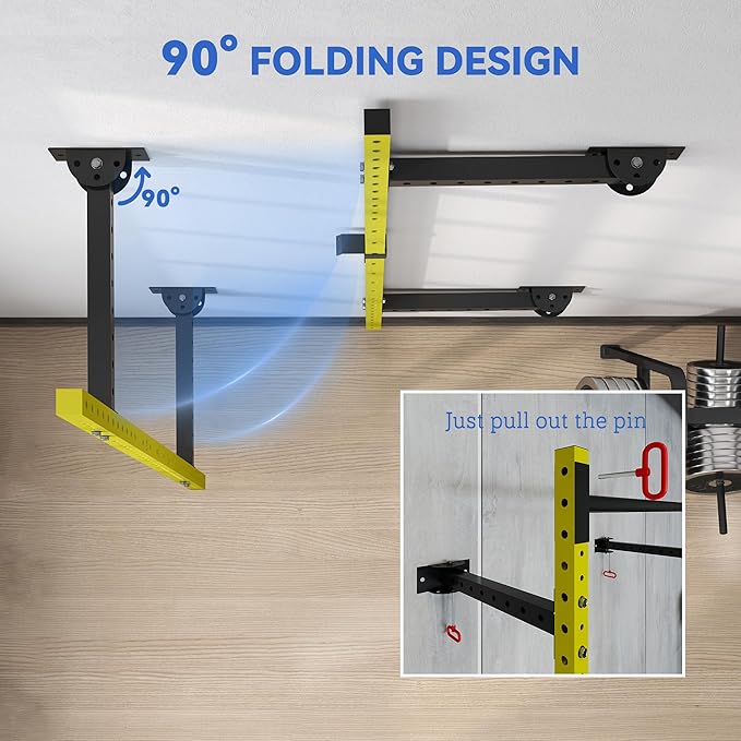 Soozier Folding Squat Rack with Adjustable Pull-Up Bar, 1000 Pounds Capacity Wall Mounted Power Rack, Adjustable Barbell Rack with J Hooks for Home Gym Full Body Workout